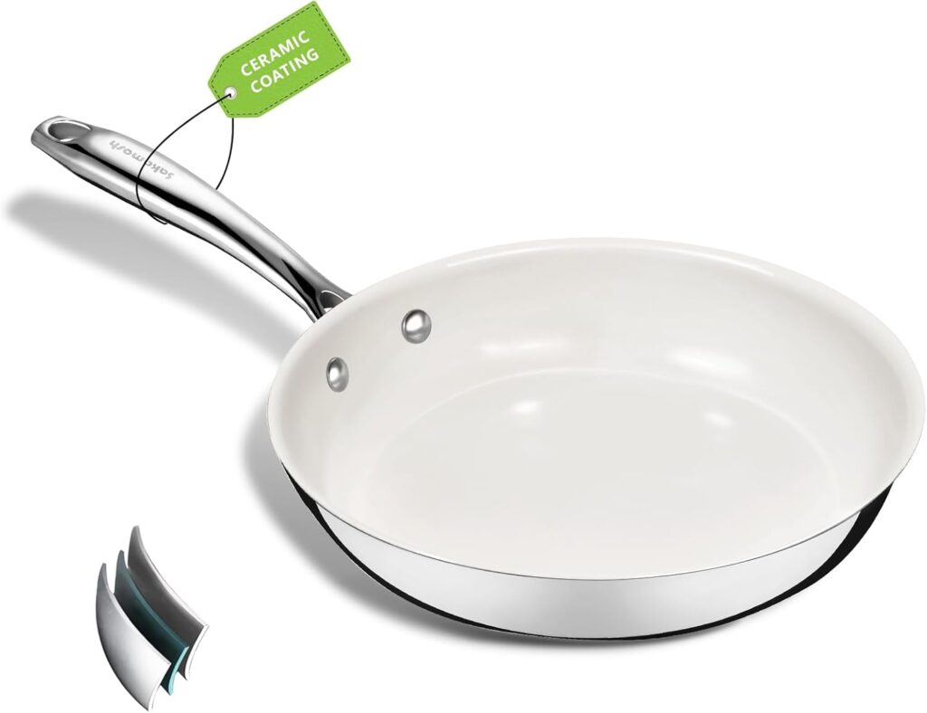 8 Inch Nonstick Ceramic Frying Pan, Tri-Ply Stainless Steel Skillet with Stay-Cool Handle, PFAS/PFOA/PTFE Free, No Seasoning Required, High Heat & Induction Safe, Dishwasher/Oven Safe