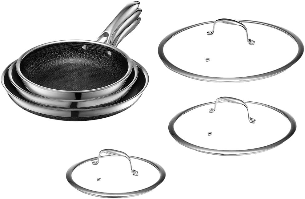HexClad Hybrid Nonstick 6-Piece Fry Pan Set, 8, 10, and 12-Inch Frying Pans with Tempered Glass Lids, Stay-Cool Handles, Dishwasher-Friendly, Induction Ready, Compatible with All Cooktops