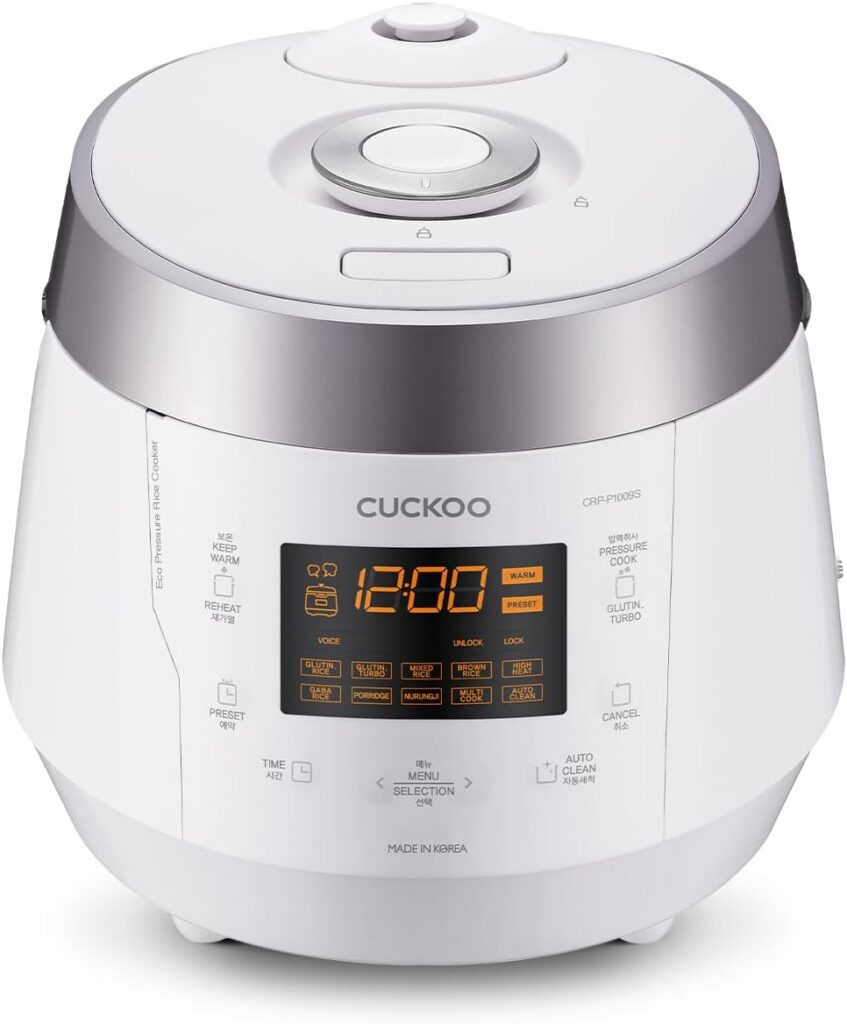 CUCKOO High Pressure Rice Cooker 10-Cup Uncooked / 20-Cup Cooked with Nonstick Inner Pot, Large Rice Maker with 13 Menu Options and Steam Plate, Fuzzy Logic Tech, Voice Guide, White (CRP-P1009SW)
