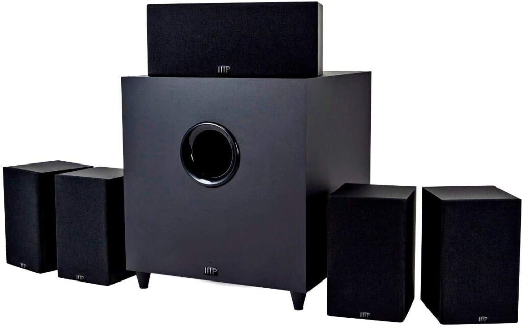 Monoprice Premium 5.1 Channel Home Theater System with Subwoofer – 100 Watt Speakers, 200 Watt Subwoofer, Black
