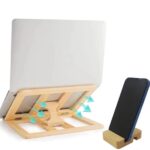 Wooden Laptop Stand for Desk with Free Phone Holder, Foldable and Adjustable Ergonomic Laptop Riser for 10-15.6 Inch Notebooks, Portable MacBook Stand (Natural Wood, Universal Fit)