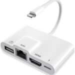 Sharllen RJ45 Ethernet 4 in 1 Lightning to HDMI Adapter – 1080P HD Network LAN Wired USB Data Sync Charging Card Reader for iPhone/iPad/TV/Monitor/Projector/Keyboard/Mouse