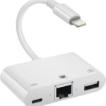 Lightning to RJ45 Ethernet Adapter Network Adapter, with Charge Port and USB Port Support USB Flash Drive/Keyboard/Mouse/Came, Plug and Play,Supports 100Mbps Ethernet Network