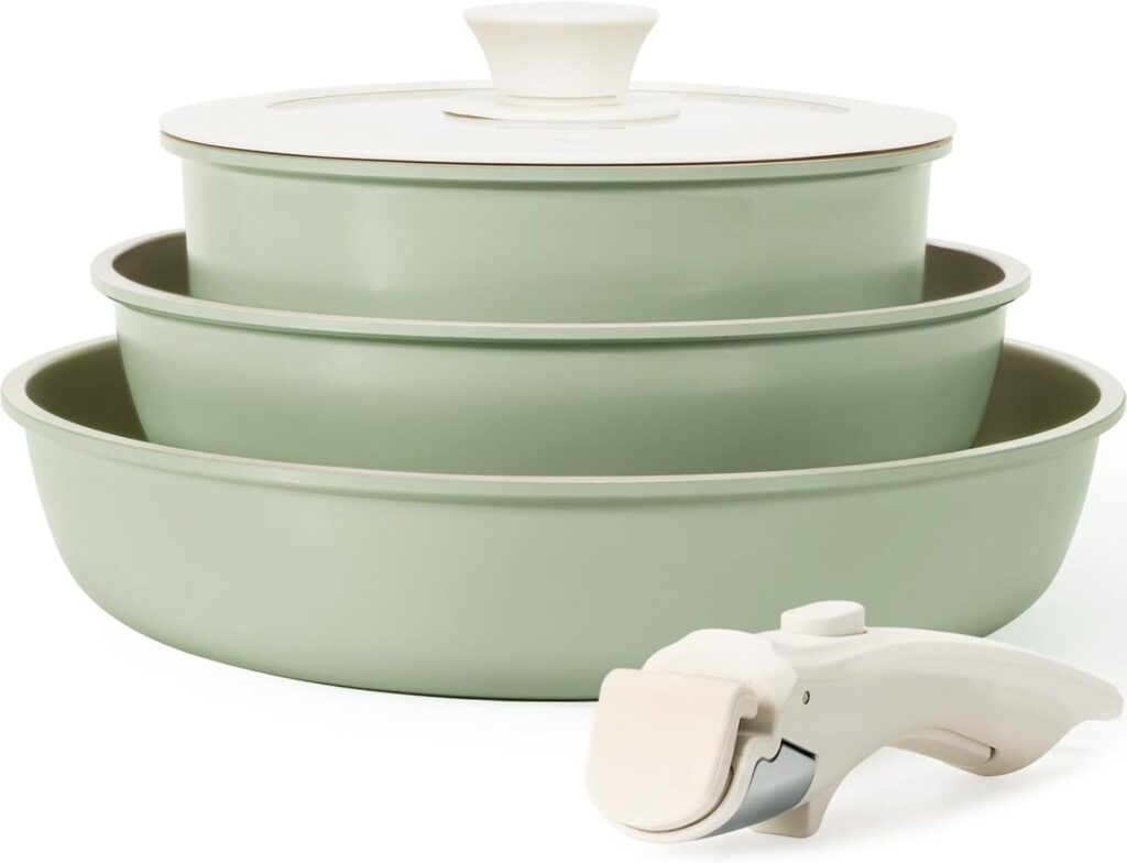 KIKCOIN Pots and Pans Set Nonstick, Ceramic Cookware Set Detachable Handle, Induction Kitchen Cookware Set with Removable Handle, Healthy Non Stick RV Cookware, Dishwasher & Oven Safe, PFOA Free