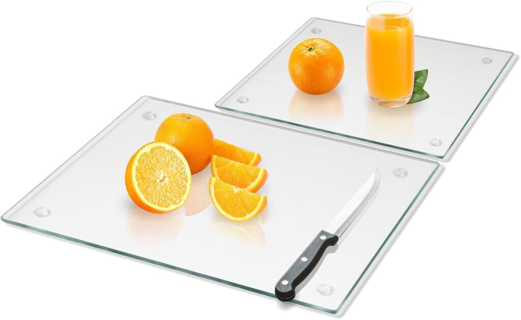 Tempered Glass Cutting Board for Kitchen, Clear Glass Board for Countertop, Heat Resistant, with Non-Slip Feet, 12×16″ & 12×8″ 2 Pcs Clear