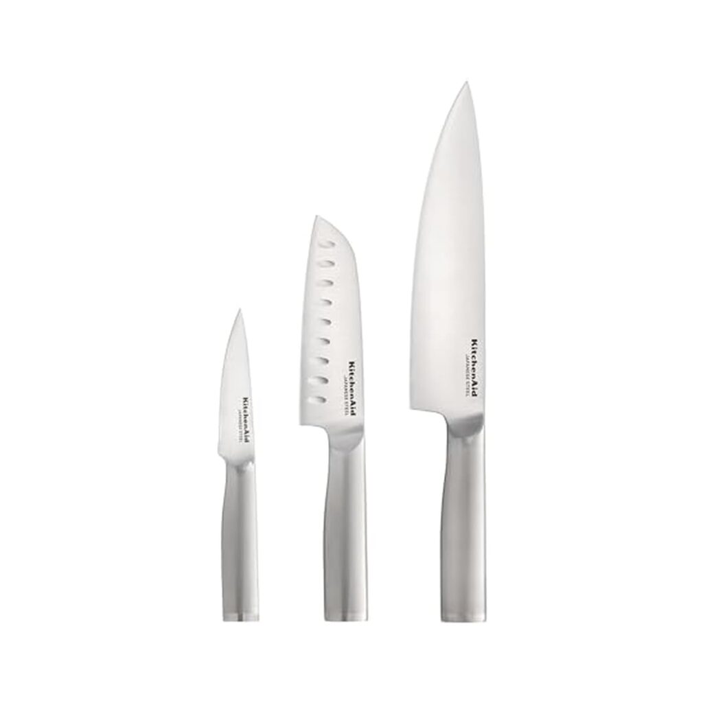 KitchenAid 3 Piece Forged Chef Knife Set High Carbon Japanese Steel, Includes 8 Inch Chef Knife, 5 Inch Santoku Knife, and 3.5 Inch Paring Knife with Blade Covers