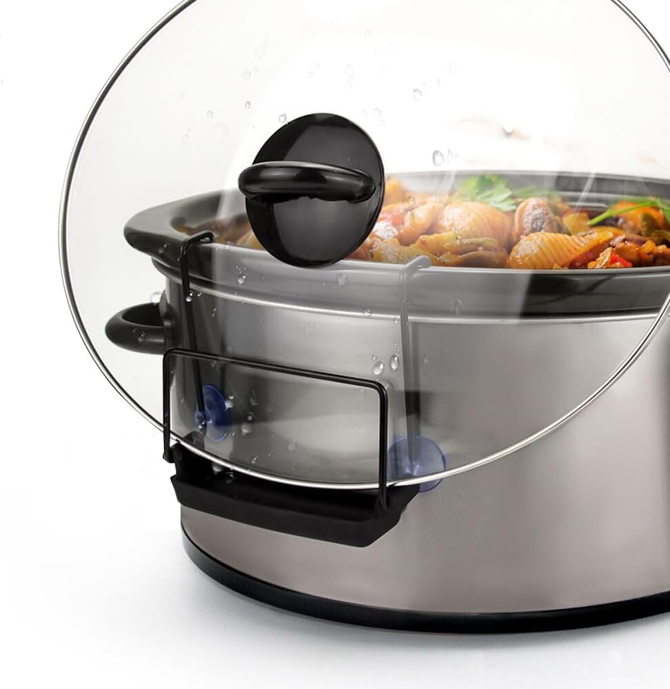 SOPHICO Slow Cooker Lid Holder for Cooking, Hand Free Pot Lid Organizer, Stainless Steel Rack with Silicone Sink, Fits Most Slow Cookers, Keeps Countertop No Mess (Black, 2 Pack)