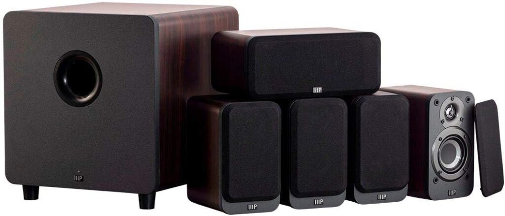 Monoprice HT-35 Premium 5.1-Channel Home Theater System – Espresso, with Powered Subwoofer, Low Profile Speaker Grilles, Secure Mounting Option, SaddleBrown (139358)