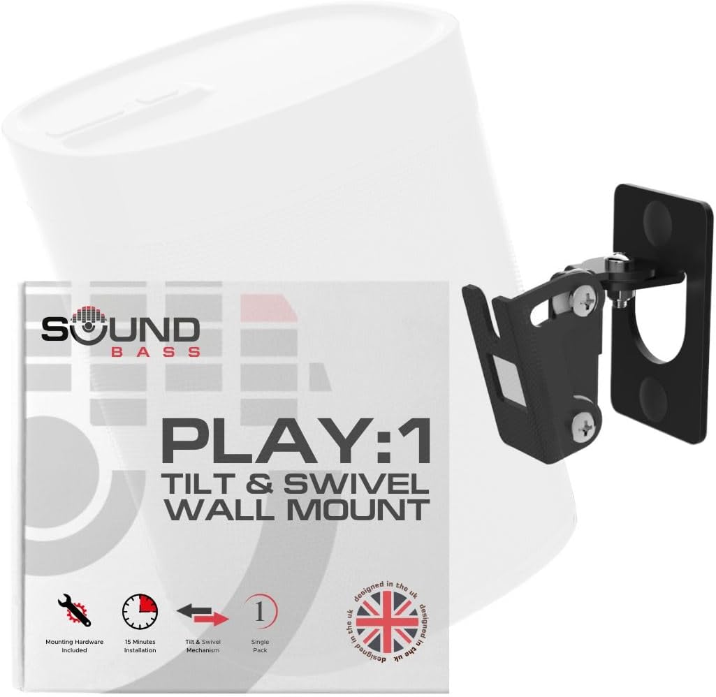 Sound Bass Play 1 Wall Mount Black, Compatible with Sonos Play:1 Only, Adjustable Swivel & Tilt Mechanism, Mounting Bracket Includes All Fixings