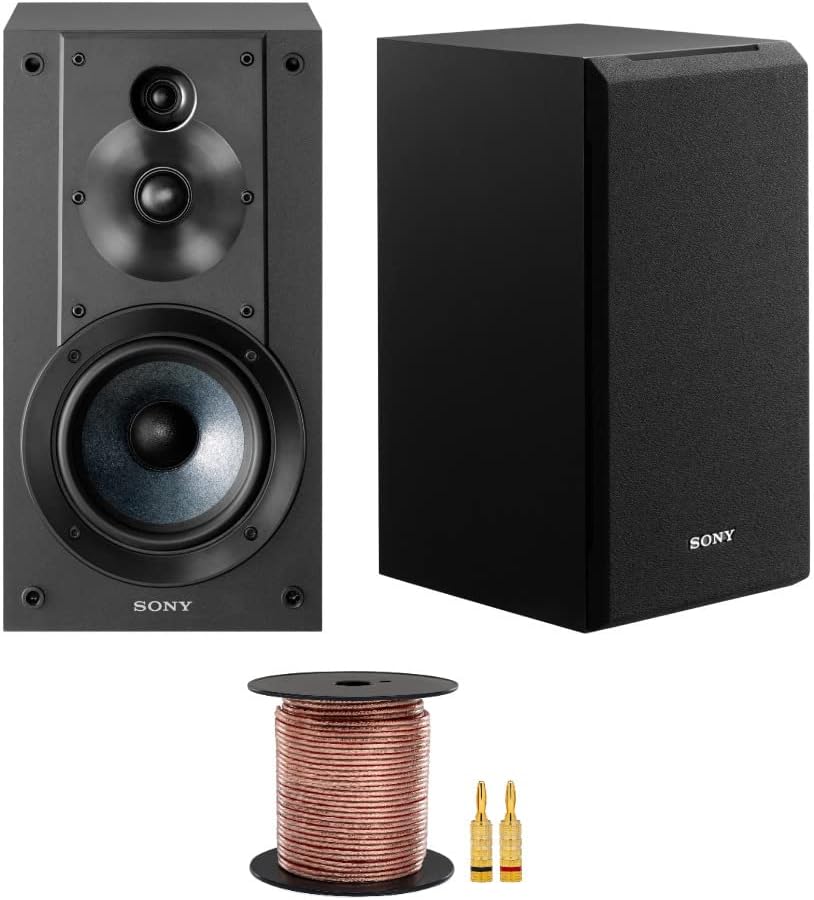 Sony SSCS5 3-Way 3-Driver Bookshelf Speaker System (Black) Bundle with 100 feet, 16AWG Speaker Wire (2 Items)
