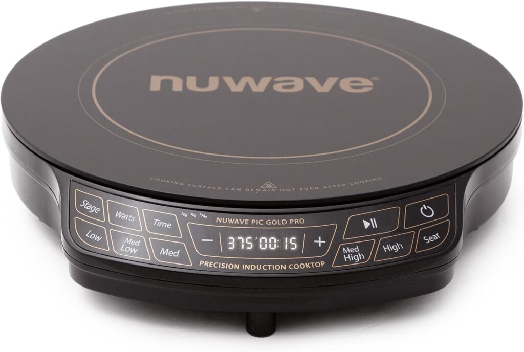 Nuwave Gold Pro Precision Induction Cooktop, Large 8” Heating Coil, 12” Heat-Resistant Cooking Surface, Adjustable Wattages,100°F to 575°F, Portable, Built-In Safety Auto Shut Off