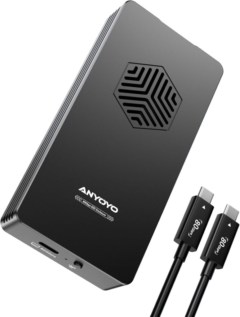 ANYOYO 80Gbps M.2 NVMe SSD Enclosure with Cooling Fan, Aluminium Alloy Enclosure Compatible with Thunderbolt 5/4/3/USB4, Support M/B+M Key SSD, Tool-Free Installation