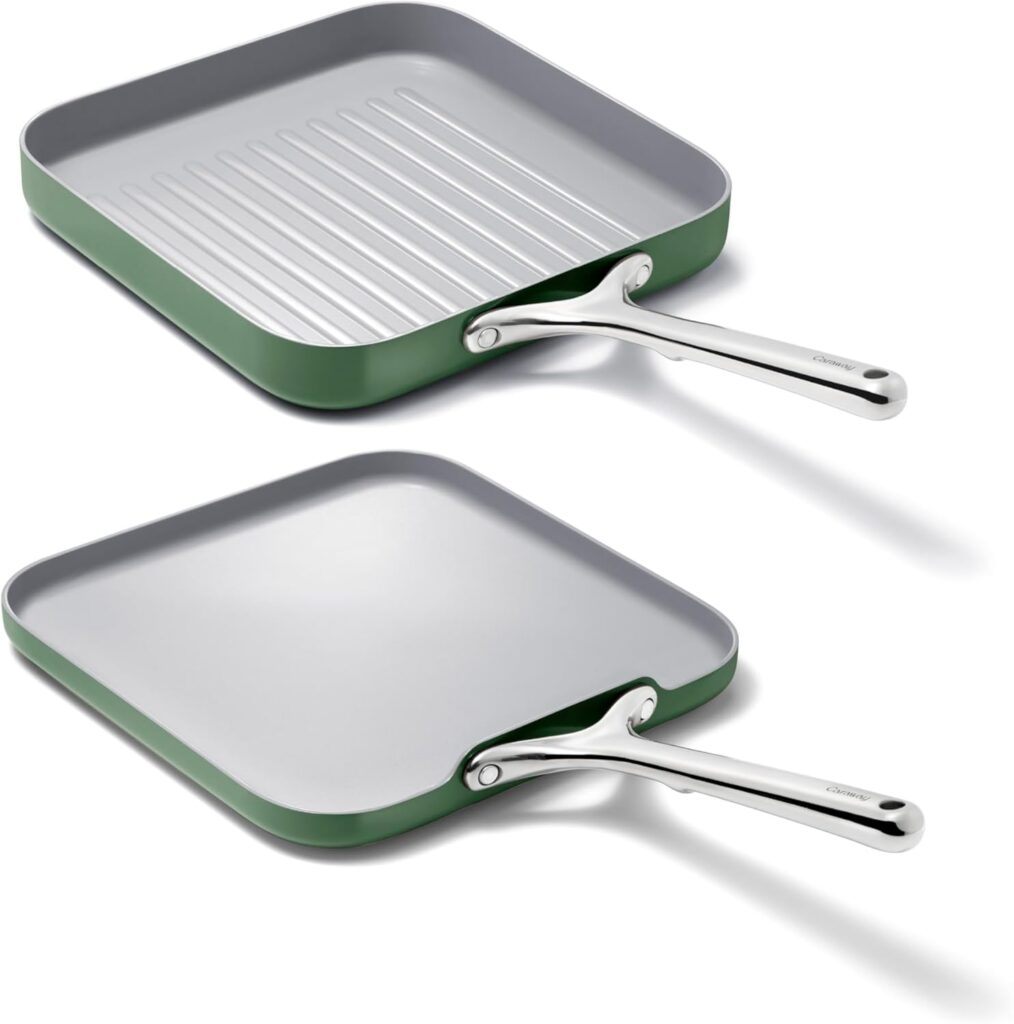Caraway Griddle Pan & Grill Pan Duo – Non-Stick Ceramic Coated – Non Toxic, PTFE & PFOA Free – Oven Safe & Compatible with All Stovetops – Sage