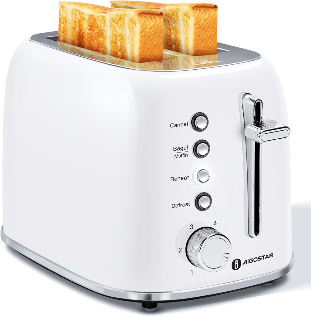 Aigostar Retro 2 Slice Toaster – Stainless Steel, Extra Wide Slots, Bagel Function, Cancel & Defrost, 6 Shade Settings, Removable Crumb Tray, White