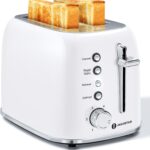 Aigostar Retro 2 Slice Toaster – Stainless Steel, Extra Wide Slots, Bagel Function, Cancel & Defrost, 6 Shade Settings, Removable Crumb Tray, White