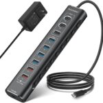 Rosonway 10-Port Powered USB 3.2/USB C Hub 60W with 3x10Gbps USB-3.2 Ports (2C + 1A), 4 USB 3.0 Data Ports, 1 USB-C PD and 2 USB-A Fast Charging Ports, Aluminum USB Splitter for Laptop/PC, RSH-A10QPD