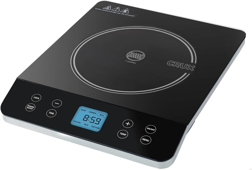 Crux Portable Induction Cooktop, Electric Hot Plate, Programmable Single Burner with Touchscreen LCD Display, Temperature Control, and Auto Shut Off, 1800 Watt, Black