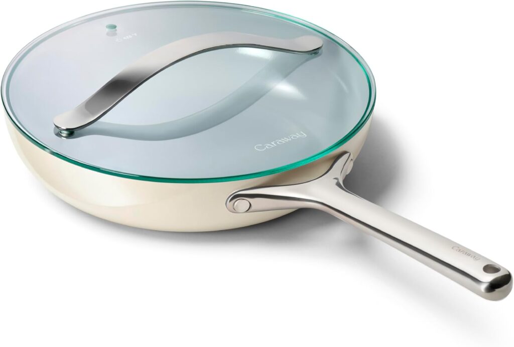 Caraway Nonstick Ceramic Frying Pan With Glass Lid (2.7 qt, 10.5″) – Non Toxic, PTFE & PFOA Free – Oven Safe & Compatible with All Stovetops (Gas, Electric & Induction) – Cream