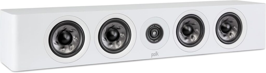 Polk Audio Reserve Series R350 Slim Center Channel Loudspeaker, Doubles as Left/Right Surround Speaker, 1″ Pinnacle Ring Tweeter & Four 4″ Turbine Cone Woofers, Dolby Atmos & IMAX Enhanced, White