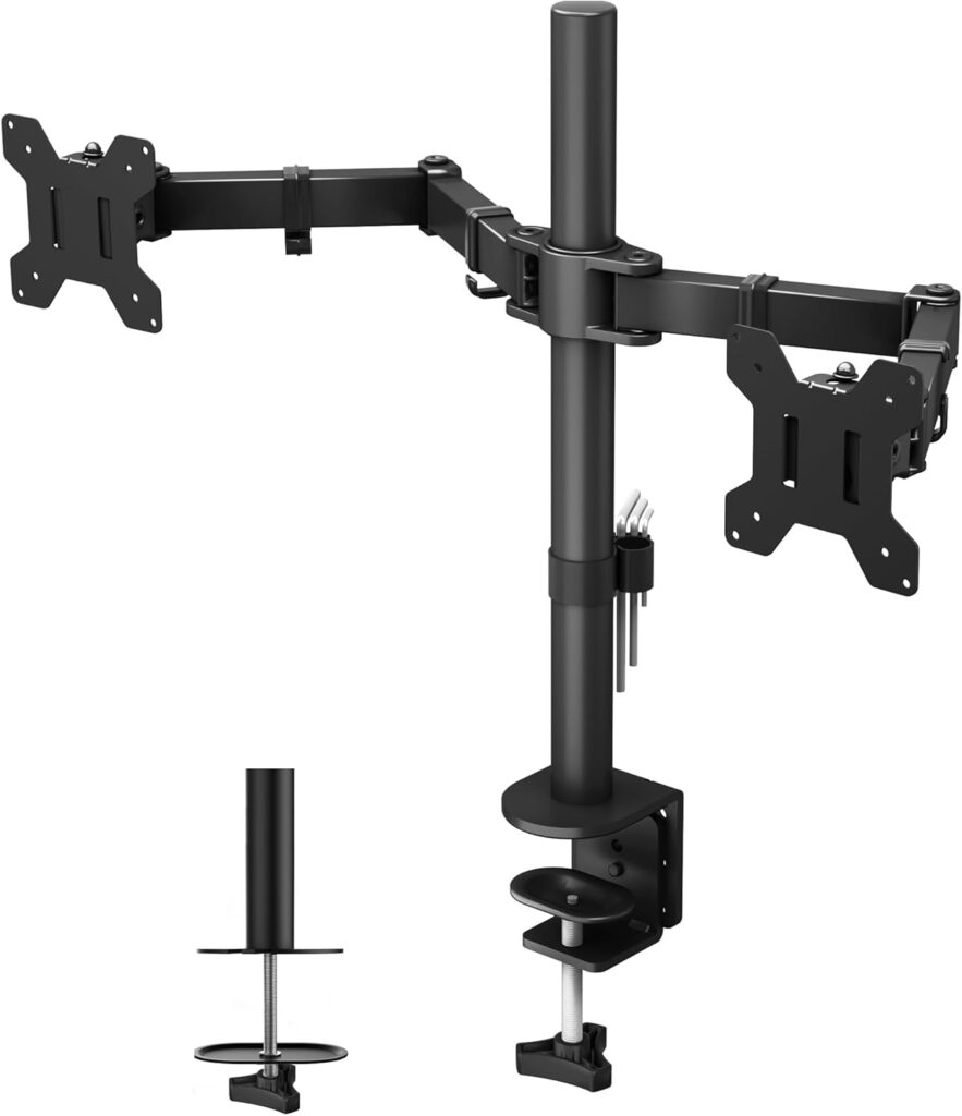 BONTEC Dual Monitor Desk Mount, Full Motion Adjustable Monitor Stand for 13–27 Inch Screens, Heavy Duty Arms Hold Up to 22 lbs Each, VESA 75×75/100×100 mm, C Clamp and Grommet Base, Cable Management