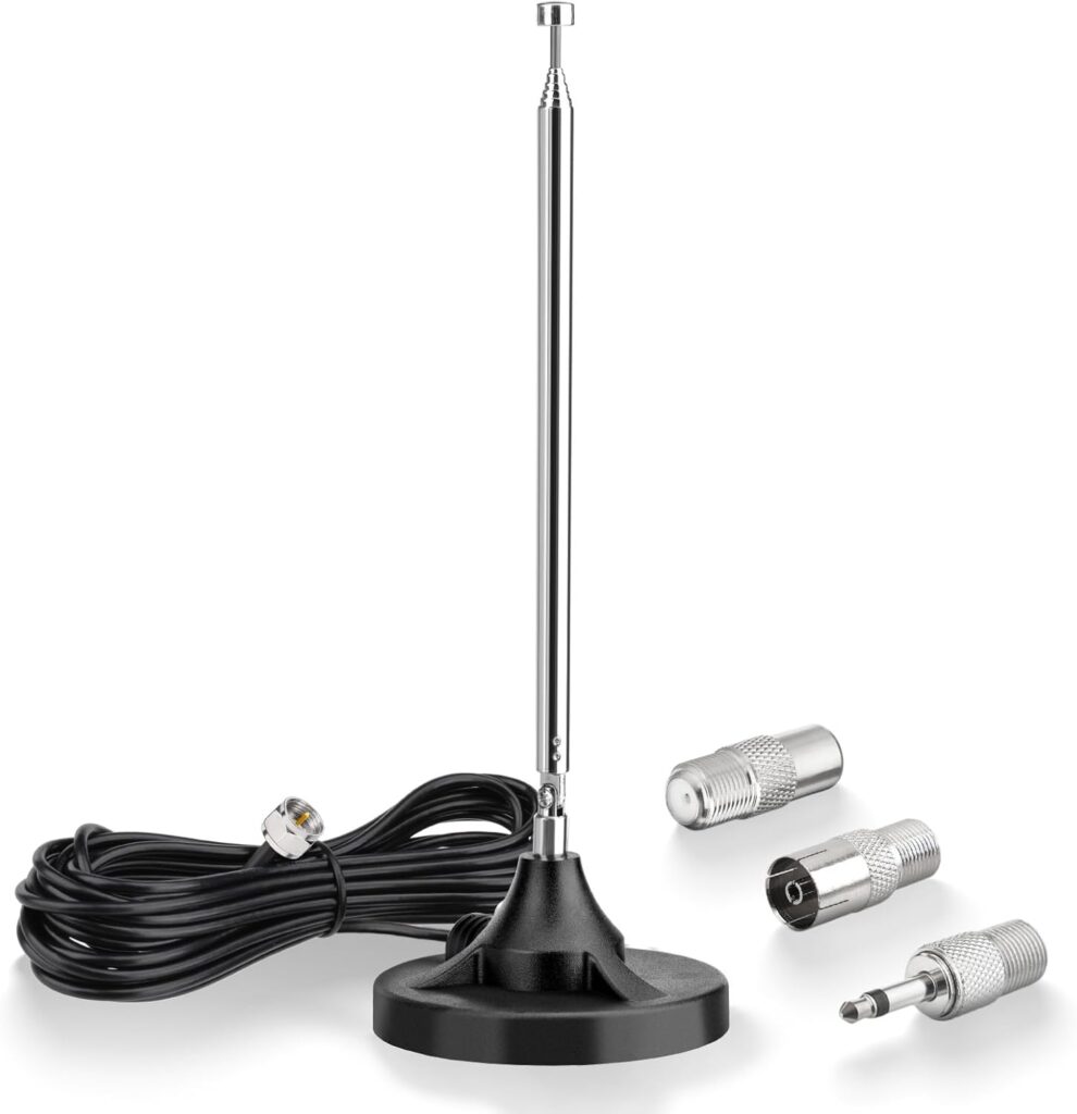 Eightwood FM Radio Antenna Magnetic Base Indoor FM Telescopic Antenna F Type Plug Connector with Adapter for Pioneer Onkyo Yamaha Marantz Bluetooth Home Theater Stereo Receiver HD Radio