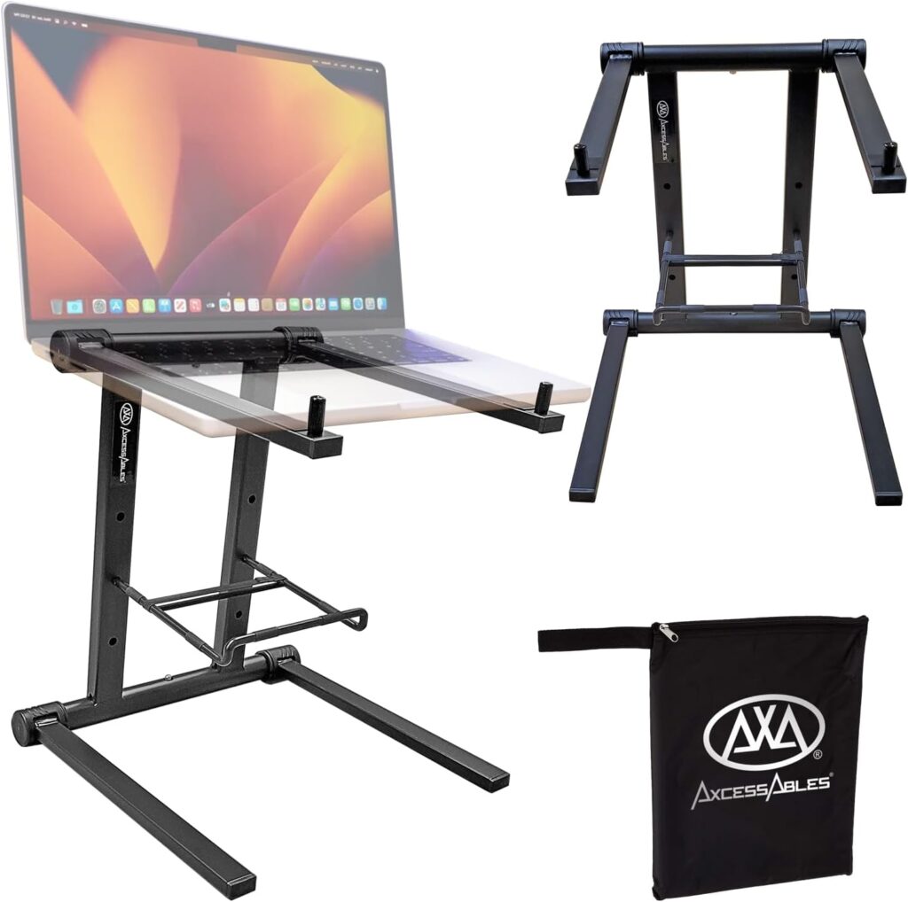 AXA AXCESSABLES DJ Laptop Stand with Travel Bag | Portable Foldable Aluminum Laptop Stand for Laptops up to 15 inches and 20lbs | No Assembly Required, Includes Carrying Bag