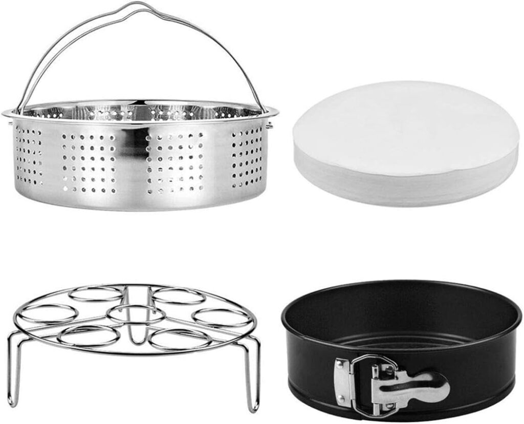 Steamer Basket, Egg Rack Holder, 7″ Non-stick Springform Cake Pan, 50 Pcs Cake Paper for Instant Pot Accessories, Vegetable Food Steamer Rack. Fit Pot 5,6,8 qt Pressure