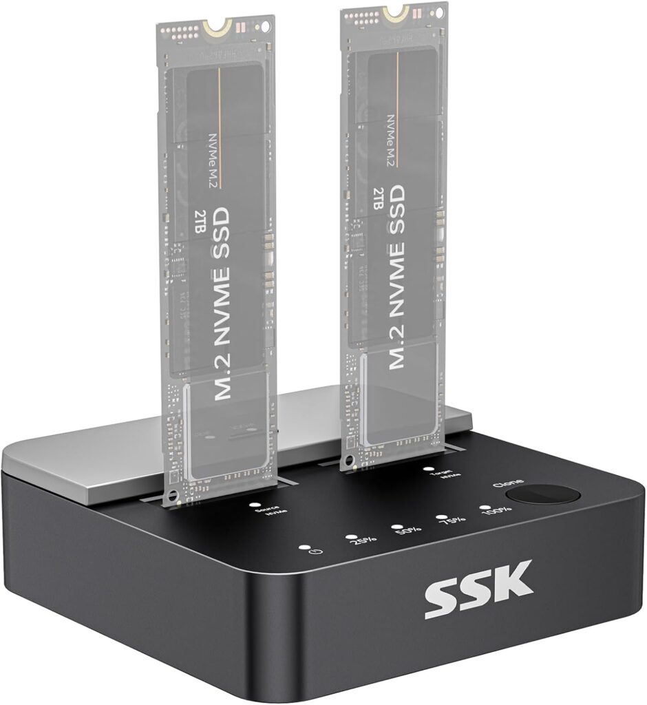 SSK NVMe SSD Cloner, M.2 Duplicator Dual Bay NVMe Enclosure, Tool-Free 20Gbps USB3.2 Gen 2X2 SSD to USB Adapter M.2 Docking Station for M Key PCIE NVMeSSD Reader Supports Offline Clone