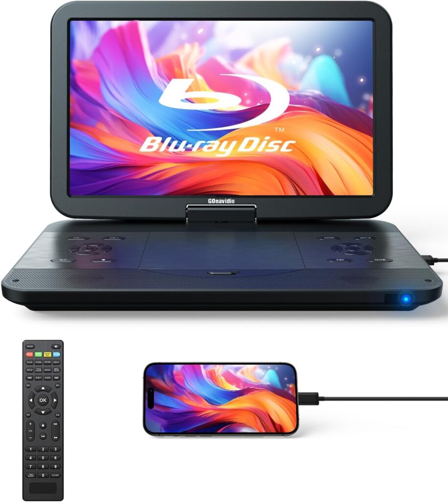17.6″ Portable Blu Ray DVD Player with 15.4″ Large Screen, HDMI in/Out, Sync Screen, 4000mAh Rechargeable Battery, 1080P MP4 MKV Video, Surround Audio, USB/TF Card(Include HDMI Cable)