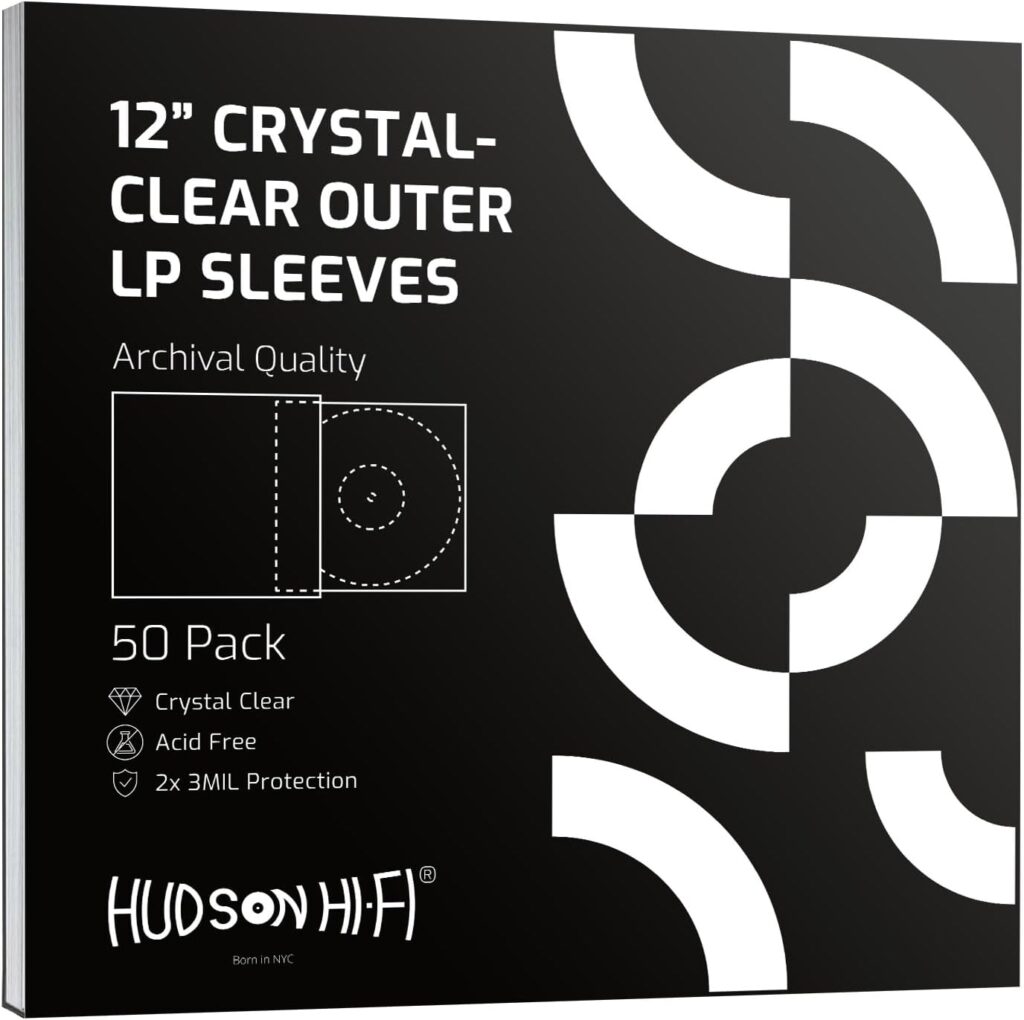 New – Hudson Hi-Fi Vinyl Record Outer Sleeve Covers – 50 Pack – Premium Crystal Clear Sleeves – Protect Your LP Albums from Scratches, Dirt & Dust – 3 Layers of 30µm Thick No-Acid Exterior Disc Cover