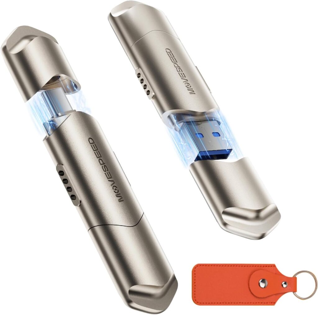 MOVE SPEED USB Drive 512GB External SSD 1000MB/s USB 3.2 Gen2+USB C Dual Ports Portable Zinc Alloy Thumb Drive Stick, External Drive with Metal Casing for iPhone 15/16/17 Series/Mac/Android Phone