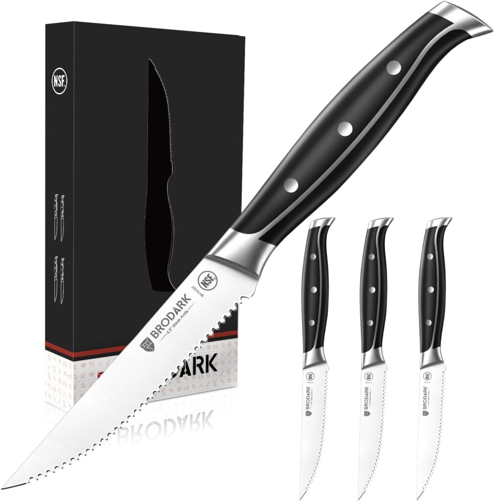 BRODARK Steak Knives Set of 4: 4.5 Inch Serrated Steak Knives with Full Tang Handle – High Carbon Stainless Steel Steak Knife Set – NSF Certified, Steel-King Series
