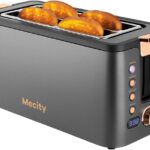 Mecity 4 Slice Toaster, Long Slot Toaster With Warming Rack, Timer, Bagel, Defrost, Reheat Functions, Crumb Tray, 6 Browning Settings, Extra Wide Long Slots, Stainless Steel, 1300W, Grey
