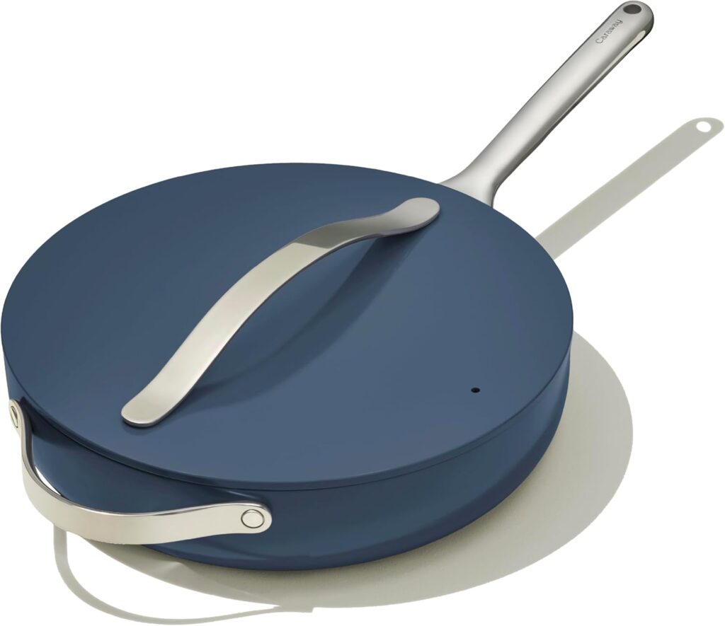 Caraway Nonstick Ceramic Sauté Pan with Lid (4.5 qt, 11.8″) – Non Toxic, PTFE & PFOA Free – Oven Safe & Compatible with All Stovetops (Gas, Electric & Induction) – Navy