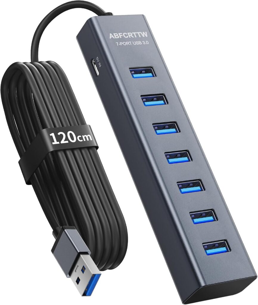 4Ft 7-Port USB 3.0 Hub for Desktop – Aluminium USB Extender Hub 5Gbps, USB Multiport Adapter, USB Splitter, USB Hub Long Cable for Desktop, PC, Flash Drive, Mobile HDD, Windows/XPS, 1.2m