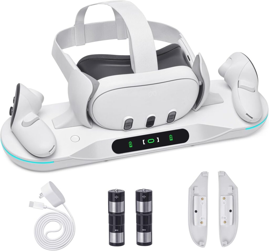 Charging Dock for Meta Quest 3, Auto-Clamping VR Charging Stand for Quest 3 VR Headset and Controllers, Magnetic Fast Charging Station Accessories with 2 Rechargeable Batteries, LED Indicator