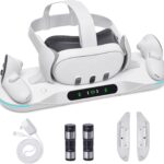 Charging Dock for Meta Quest 3, Auto-Clamping VR Charging Stand for Quest 3 VR Headset and Controllers, Magnetic Fast Charging Station Accessories with 2 Rechargeable Batteries, LED Indicator
