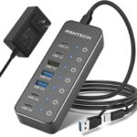 RSHTECH 7-Port Powered USB 3.2/USB-C Hub Splitter with 3 x 10Gbps USB-3.2 Ports (2C + 1A),4 USB-3.0 Ports (2C + 2A), 3.3ft Cable, Touch Switches, and 5V Power Adapter for Laptop PC