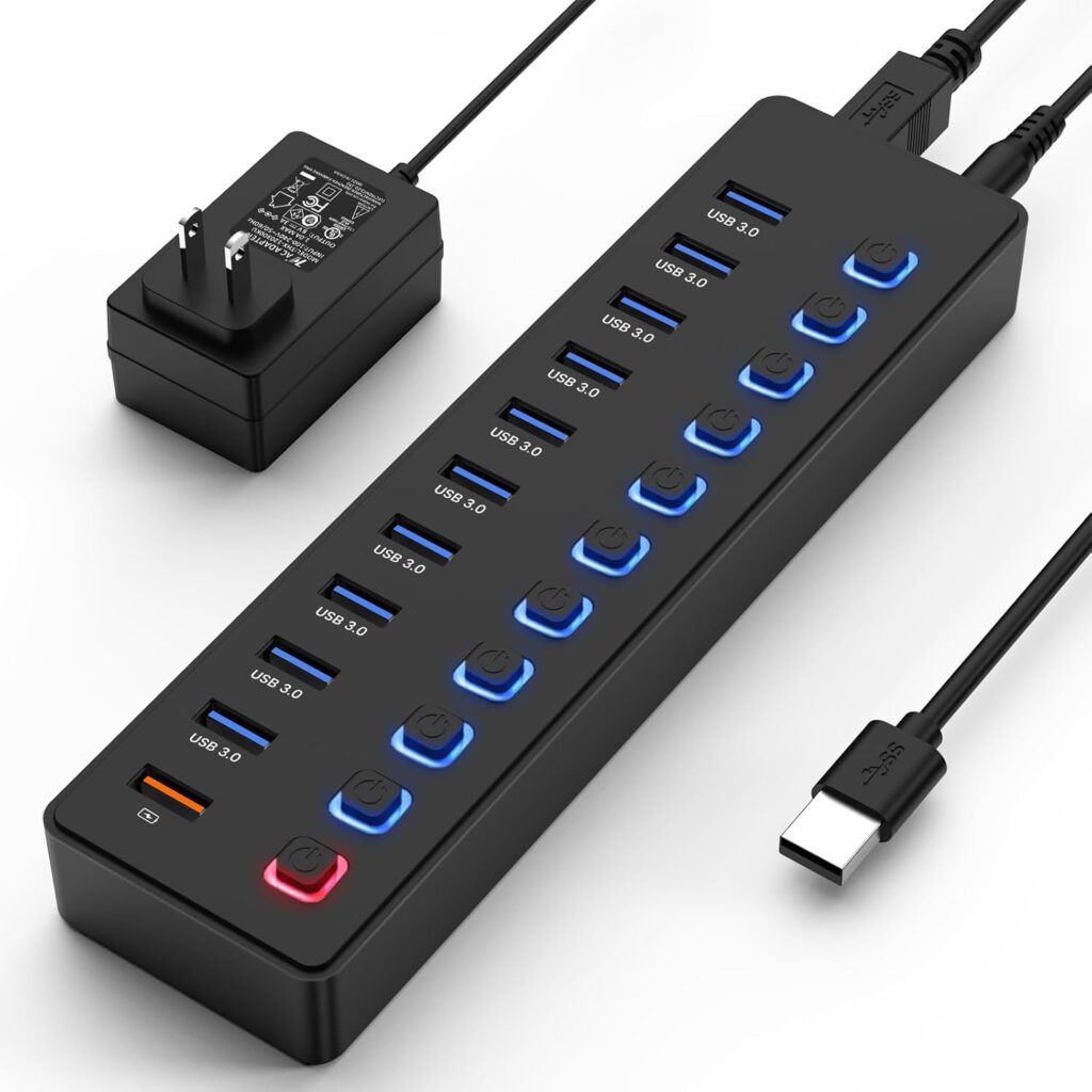 USB hub,Powered USB hub, 11-Port hub Splitter,10 USB 3.0 Data Transfer Port + 1 Smart Charging Port,Independent Switch (with LED Working Indicator) USB 3.0 Hub Powered with Power Adapter for Mac/PC
