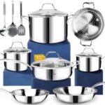 HOMICHEF 14-Piece Nickel Free Stainless Steel Cookware Set Whole-Clad 3-Ply – Mirror Polished Pots And Pans Set – Healthy Cookware Set With Steamer – Non-Toxic Induction Cookware Sets