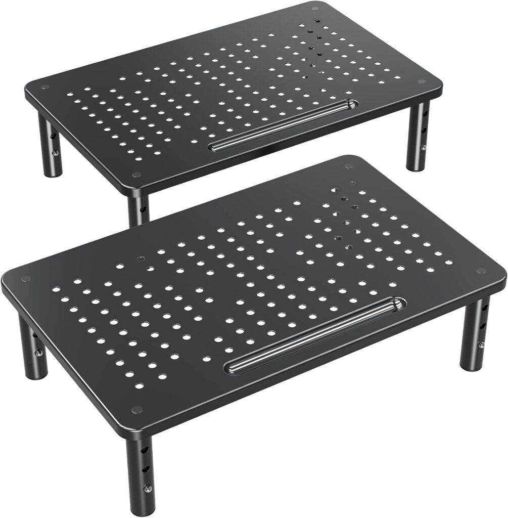 ELIVED 2 Pack Monitor Stand Riser – 3 Height Adjustable Monitor Stand for Laptop, Computer, PC, Printer, Mesh Metal Monitor Riser for Desktop Organizer.