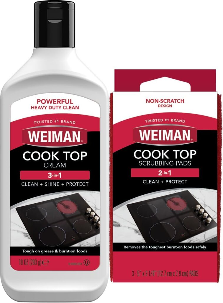 Weiman Ceramic and Glass Cooktop Cleaner – Heavy Duty Cleaner and Polish (10 Ounce Bottle and 3 Scrubbing Pads)