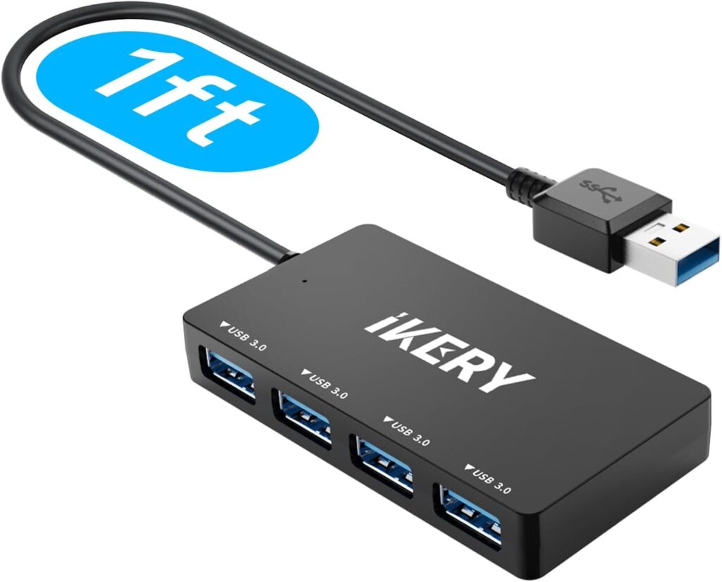 4-Port USB 3.0 Hub, High Speed 5Gbps Data Transfer Hub for Laptop, PC, MacBook – Portable Type-A Ports with 1ft Extended Cable