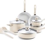 GreenPan Dover Healthy Ceramic Nonstick, 12 Piece Cookware Pots and Pans Set, PFAS-Free, Dishwasher Safe, Comfort Grip Handle, Cream White