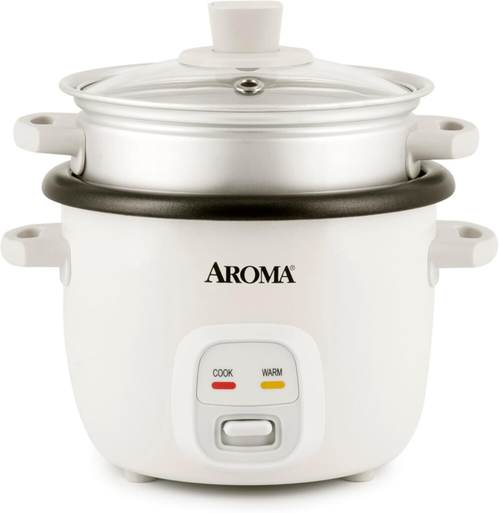 AROMA® Rice Cooker, 2-Cup (Uncooked) / 4-Cup (Cooked), Steamer, Grain Cooker, Soup Maker, Oatmeal Cooker, Auto Keep Warm, 1 Qt, White, ARC-302-1NG