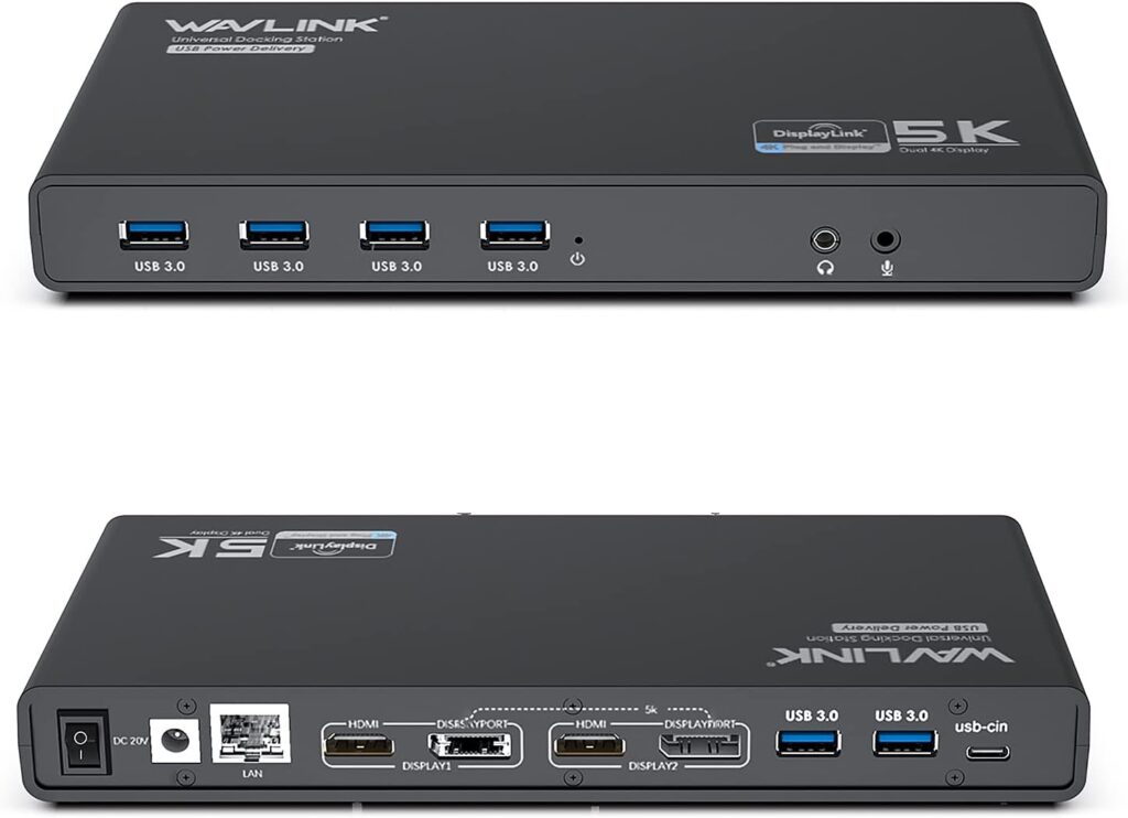 WAVLINK Universal Laptop Docking Station Dual Monitor with 65W Power Delivery for Windows Mac M1/M2, Displaylink Dock, USB C/A to Dual HDMI/DisplayPort Adapter, Gigabit Ethernet, 6 USB 3.0, Audio/Mic