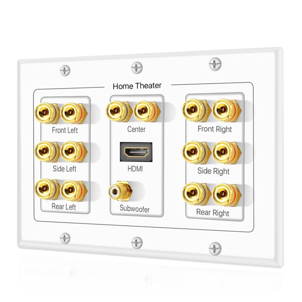 TNP Home Theater Speaker Wall Plate Outlet – 7.1 Surround Sound Audio Distribution Panel, Gold Plated Copper Banana Plug Binding Coupler, RCA LFE Jack for Subwoofer, HDMI 4K ARC/eARC Full HD (3-Gang)