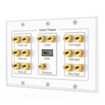 TNP Home Theater Speaker Wall Plate Outlet – 7.1 Surround Sound Audio Distribution Panel, Gold Plated Copper Banana Plug Binding Coupler, RCA LFE Jack for Subwoofer, HDMI 4K ARC/eARC Full HD (3-Gang)