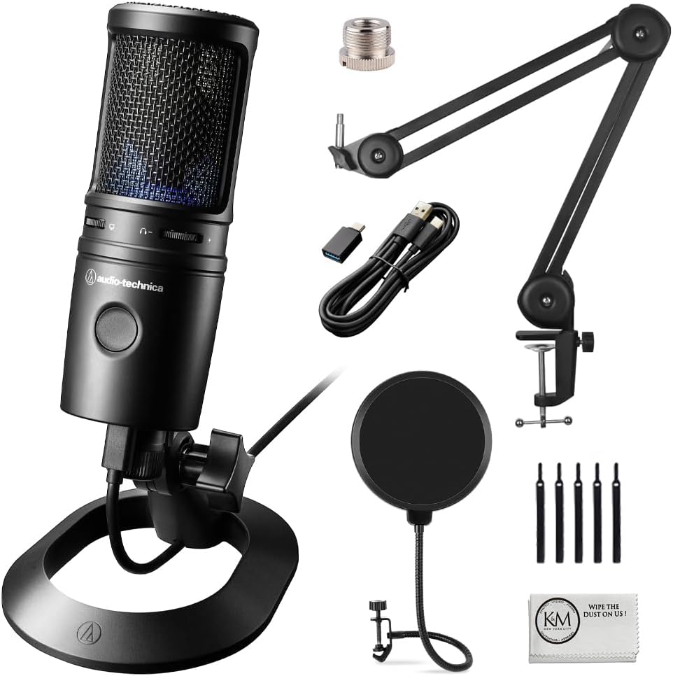 Audio-Technica AT2020USB-X Cardioid Condenser USB Microphone with Microphone Arm + Wind Screen Pop Filter + Cleaning Cloth (4 Items)