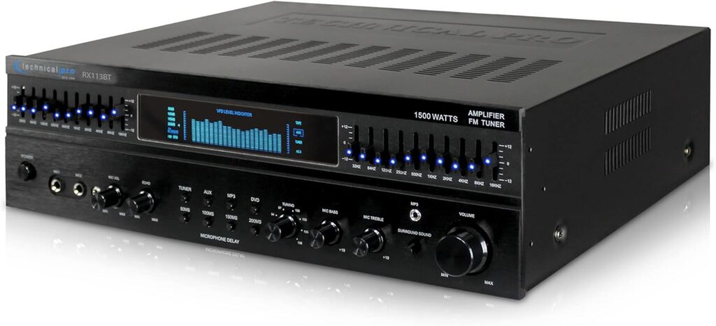 Technical Pro Professional 1500 watts Power Bluetooth Receiver with Built-in Equalizer, 5.1 Channel Home Theater, Dual Mic Inputs, 5 Band EQ & FM Radio